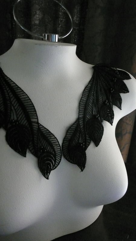 Set of 2 Smashing Lace Appliques in Black Organza with Beads for Altered Couture, Jewelry or Costume Design