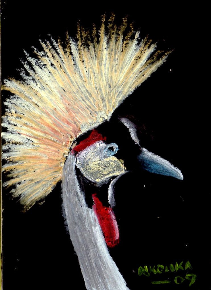 Original Oil pastel drawing of a Crested Crane