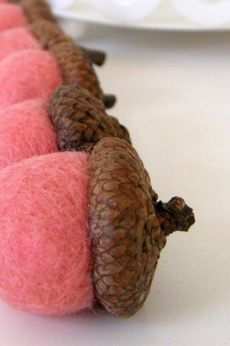 6 Natural Acorns with Pink felted wool