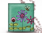 Scrabble Tile Pendant   - TEAL WITH 3 FLOWERS AND A BEE - Buy 2 Pendants Get 1 Free
