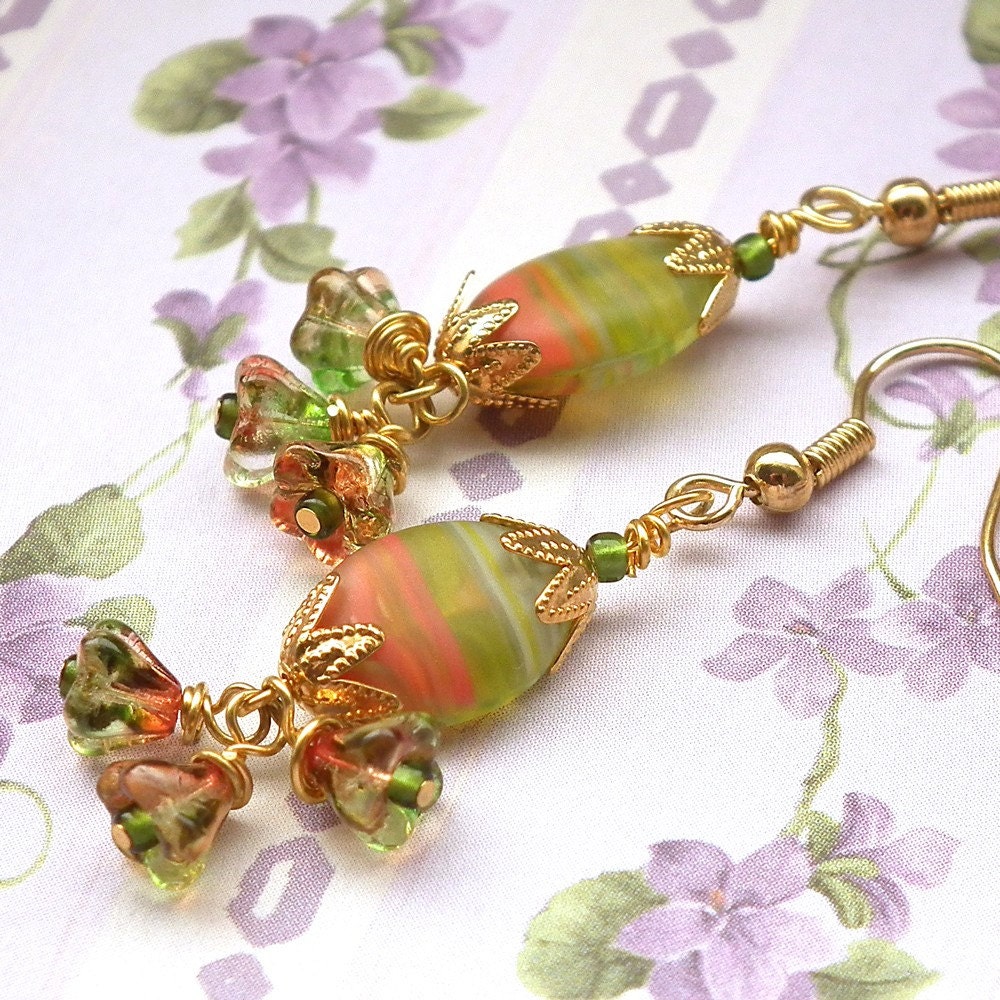 Green and Orange Striated Glass Bead Goldplated Earrings