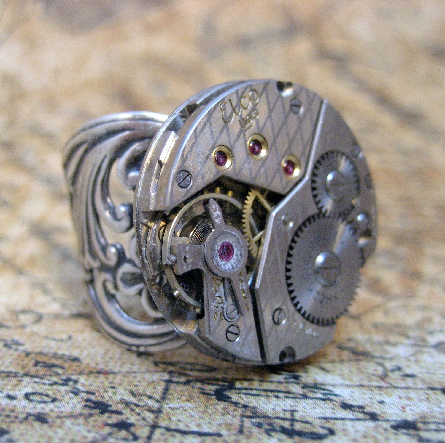 Argyle Steampunk Ring - Neo Victorian Antiqued Silver Tone Filigree - Vintage Repurposed Watch Movement - Hand Made and Designed by A Second Time
