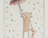original cat etching and watercolor - singing in the rain