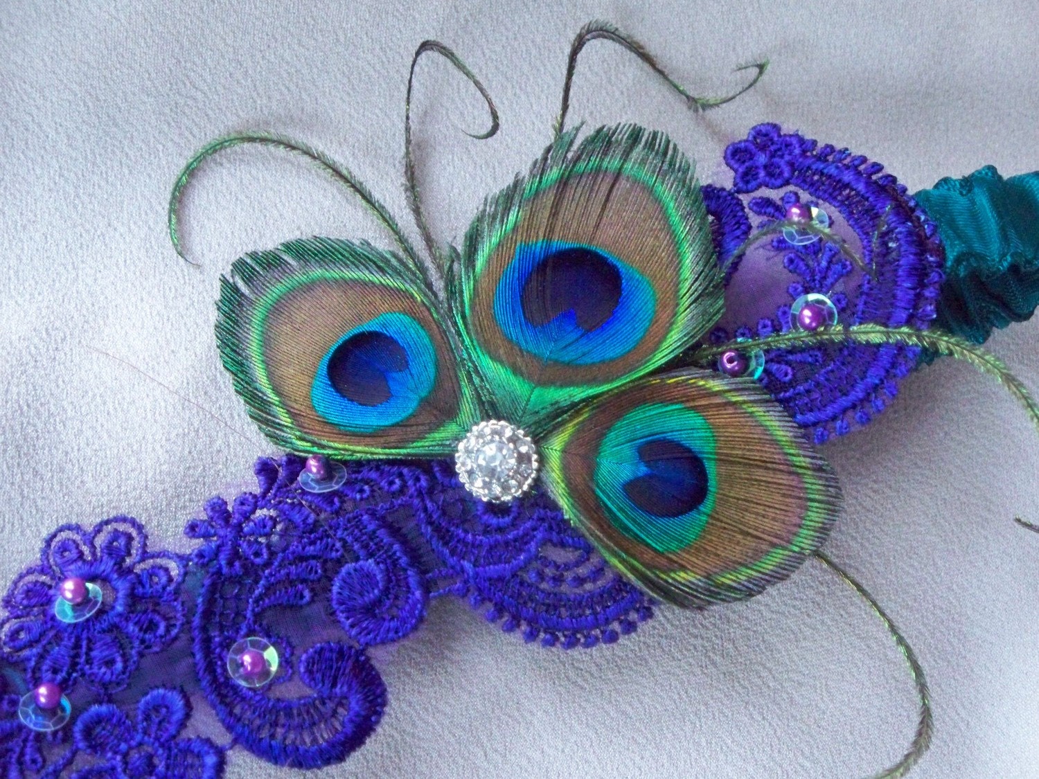 Peacock Feathers Royal Purple Beaded Alencon Lace Teal Satin Rhinestone Garter
