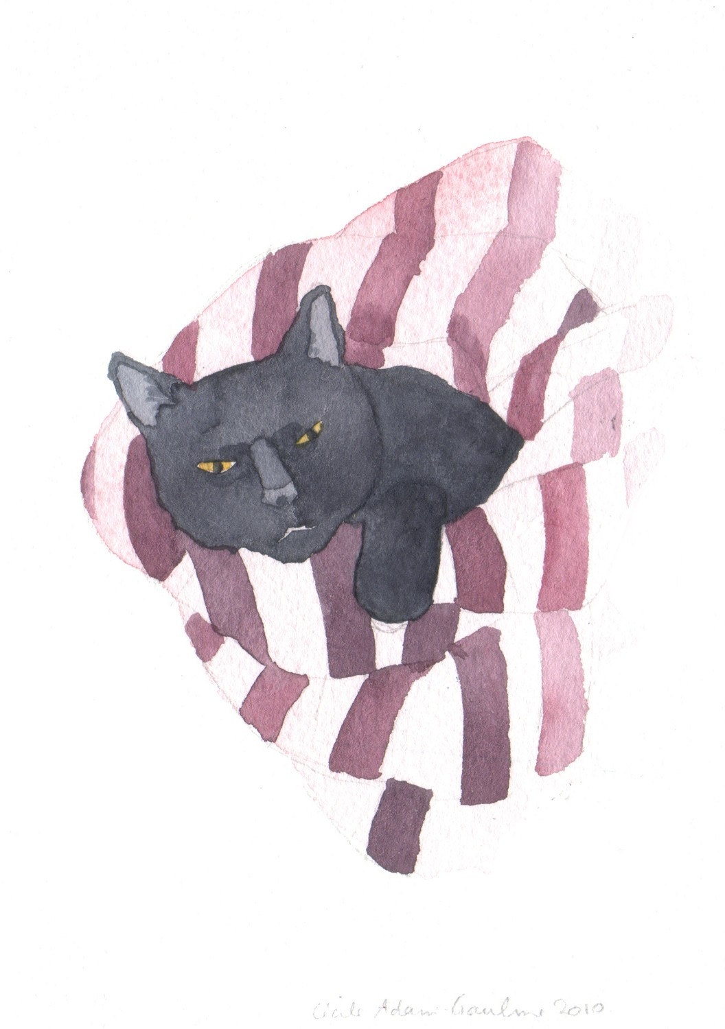 Black Cat in Pinkish Red Stripes Original Watercolor Painting
