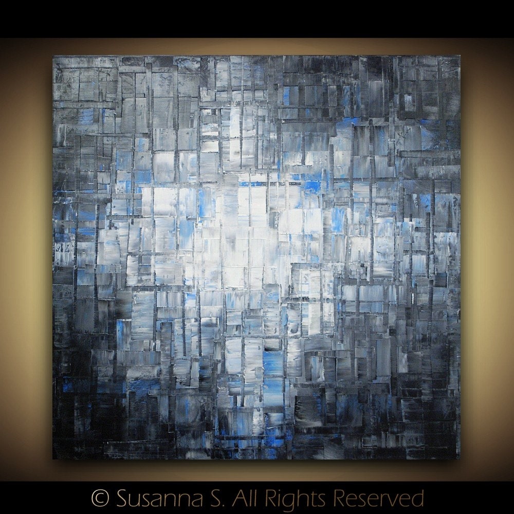 ORIGINAL Blue Large Abstract Fine Art Modern Palette Knife Oil Abstract Painting - black white Huge 36x36 by Susanna Shap