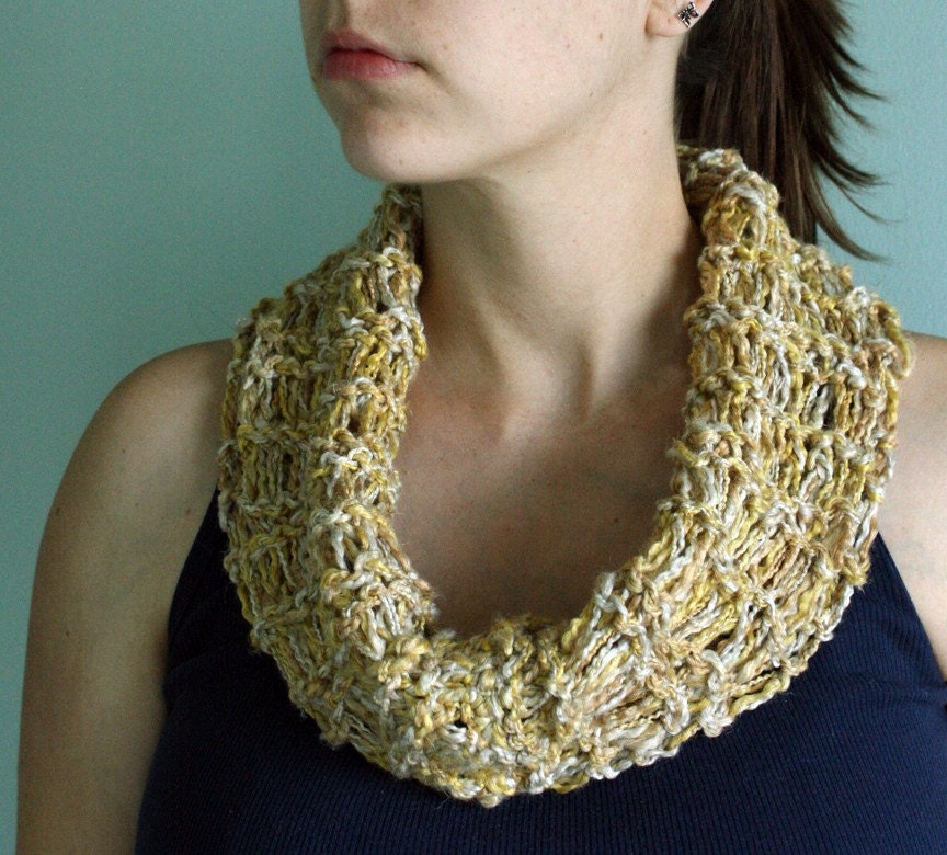 Hand knit Cowl/Neckwarmer/Circle Scarf in Pale Gray, Honey Beige, and Golden Yellow