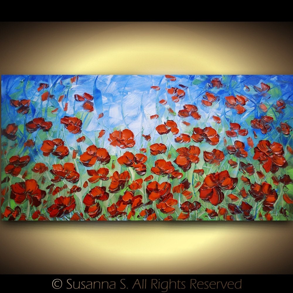ORIGINAL Abstract Modern Art Large Contemporary Floral Orange Red Poppies Palette Knife Impasto Oil Painting by Susanna 48x24