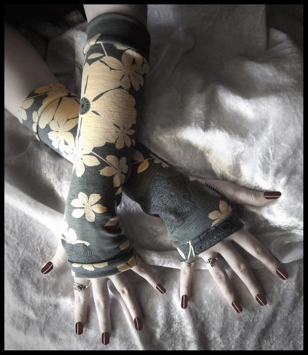 Namaste Arm Warmers in Slate Blue Grey with Ochre Floral Motif and Black Mandelas for Gothic, Belly Dance, Tribal, Steampunk, Chic, Classic, Noir, Bohemian, SCA, Earth, ATS, Yoga Styles