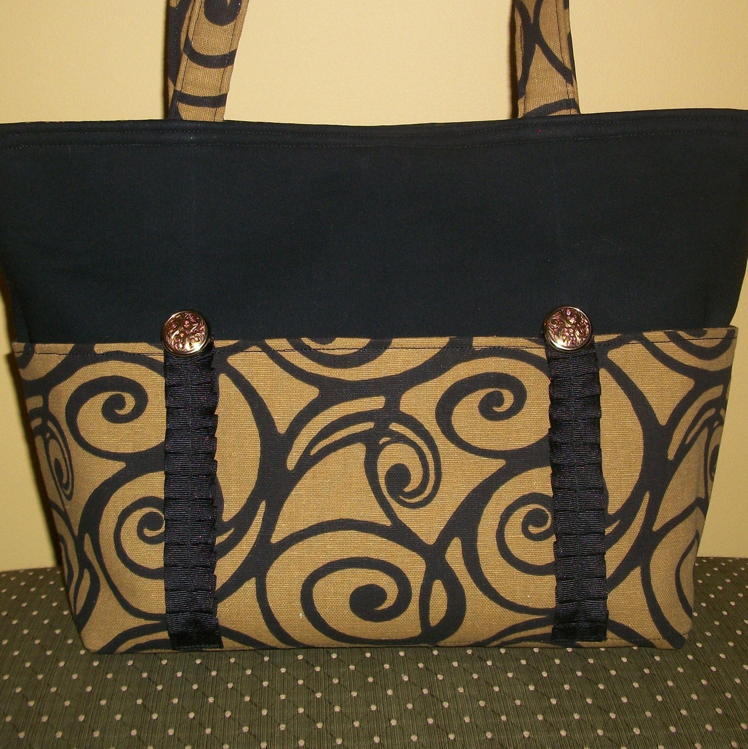 Handbag Tote - Black Swirl on Tan - or Diaper Bag