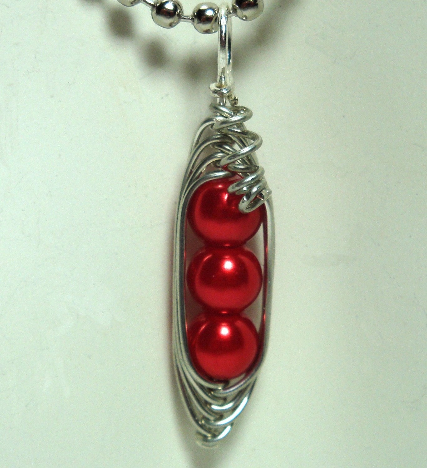 Pendant, Three Peas In A Pod, Silver, Red, Pearl, Wire, Unique Jewelry by thecuriouscupcake on Etsy