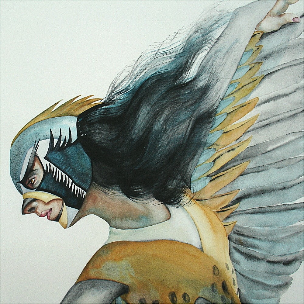 Framed Original Watercolor Painting Bird Dancer