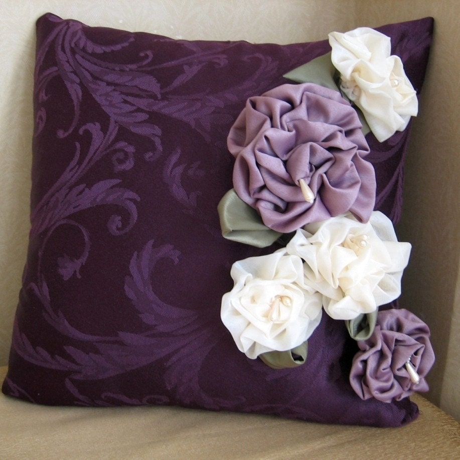 Damask Pillow Cover with Fabric Flowers You Can Re-arrange