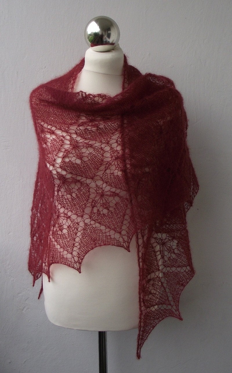 Merlot Haze hand knitted lace triangle shawl