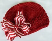 MINI Boutique Doubled Layered Hair Bow Clip and Crochet Beanie Cap------Red and White Stripes----CANDY CANE-------FITS 0-12 MONTHS