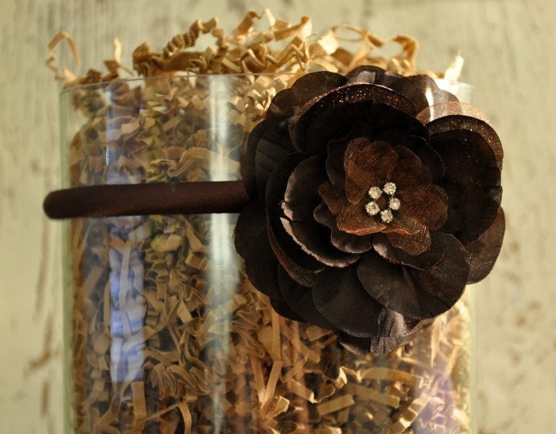 Chocolate Rhinestone Flower on Satin Headband