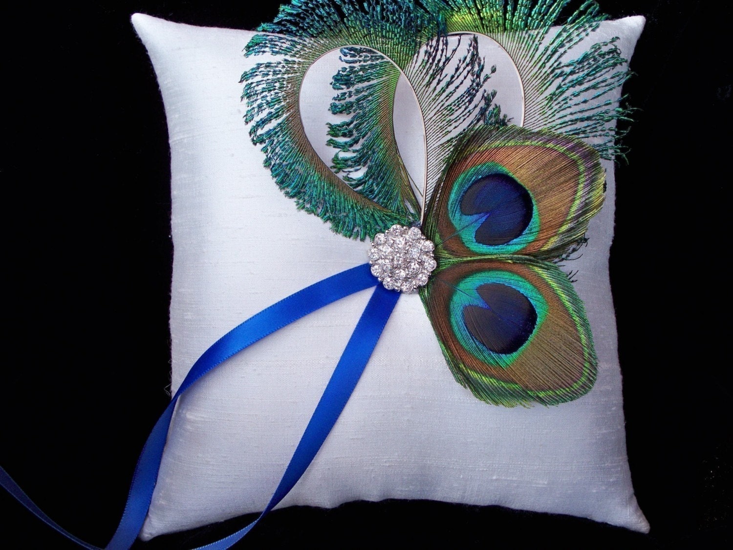 Peacock Feather Ivory Rhinestone Accent Bridal Wedding Ring Bearer Pillow