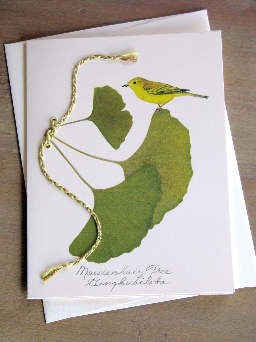 Ginko Leaves w/ Bird and Braided Tie, Greeting Card - 1056-2