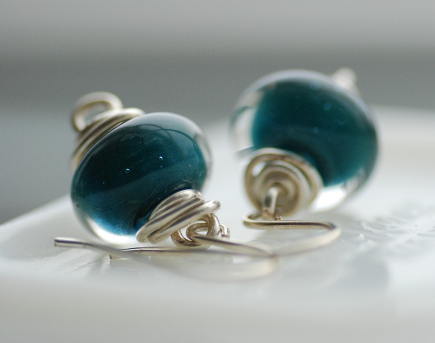 Earrings,  Turquoise Teal Boro Glass and Sterling Silver - One of a Kind - Caribbean