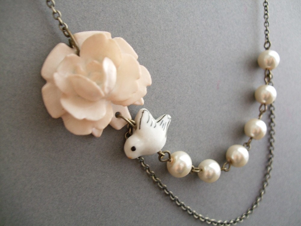 Ivory Flower with White Bird & Ivory Pearl Necklace, Ivory Bliss (Free matching earrings)