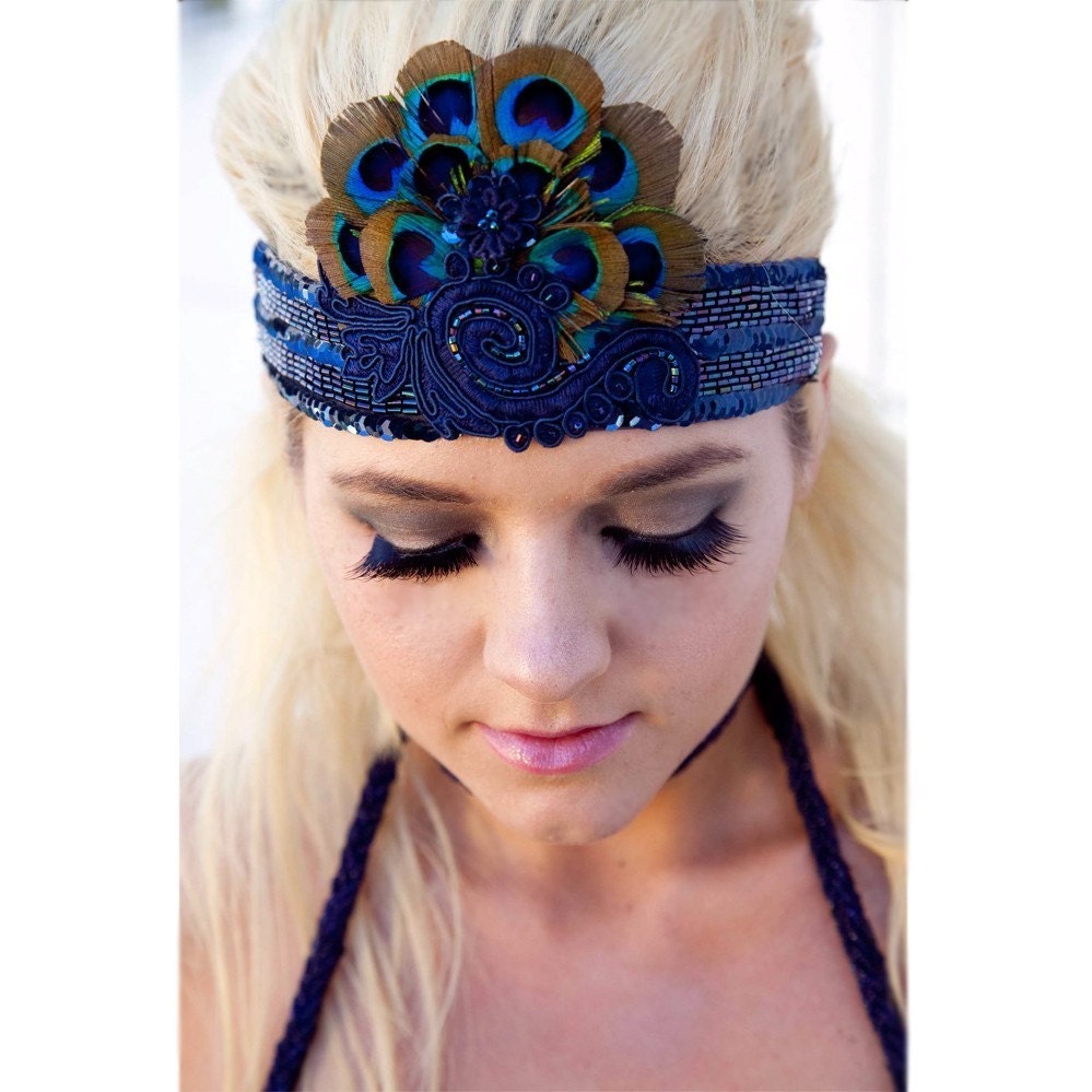 LIAISON by KAT Swank HEADBAND with Upcycled Vintage Elements and Peacock Feathers- Modern Flapper