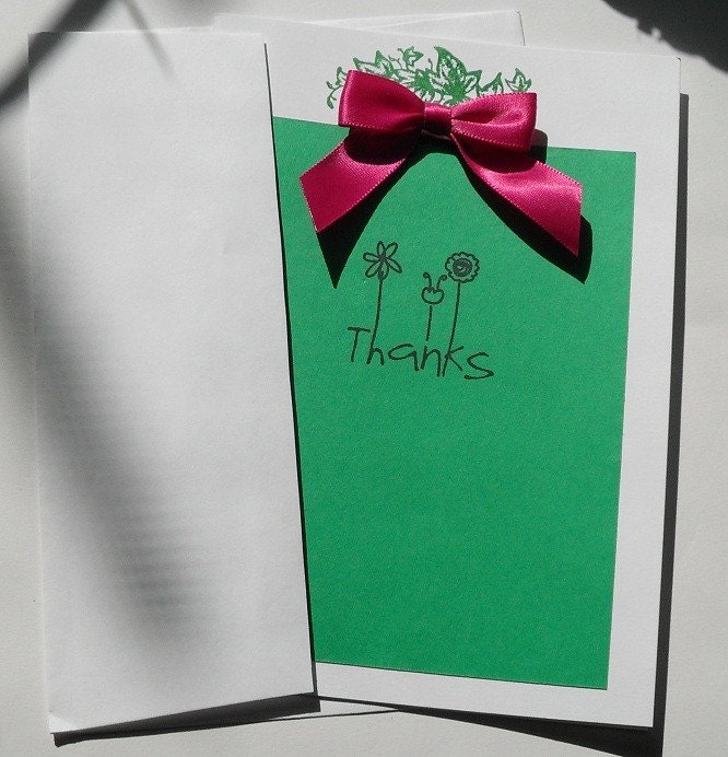 Stamped Thank You Card, 5x7 (Green and White w/ Pink Bow)
