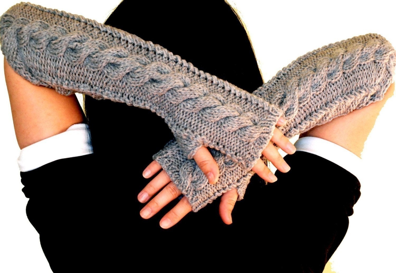 Whole
 Wool Chunky Cabled Handknit Fingerless Gloves Arm Wrist Warmers - 12in 
long