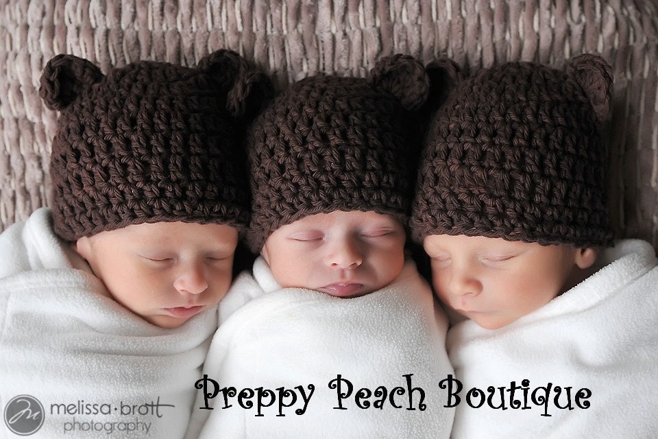 SET OF 3 HATS - TRIPLETS SET OF BEAR HATS - Newborn-3 Months, Infant Baby Cotton Crochet Beanie, Chocolate Brown, Baby Bear Hat, Photographer Prop