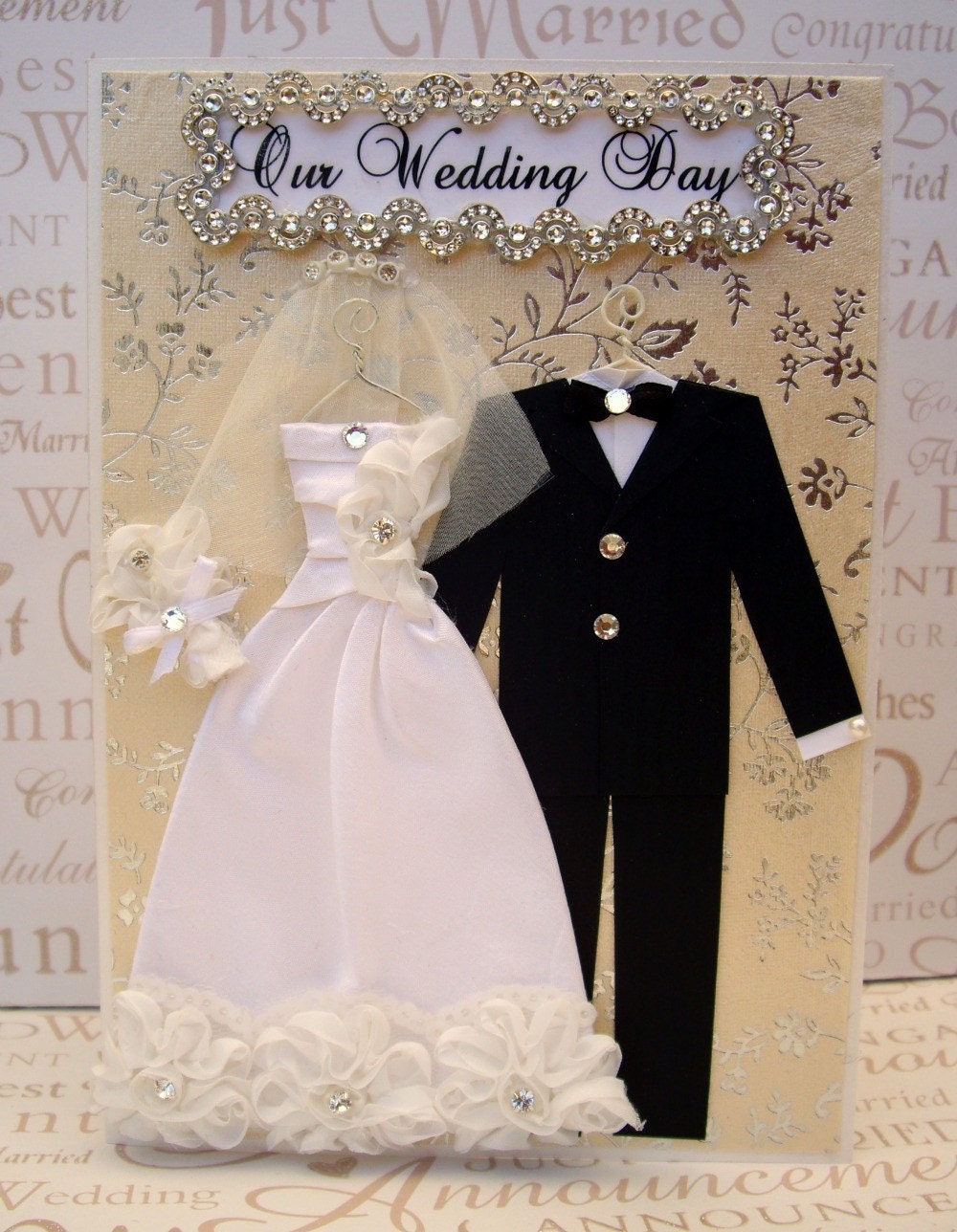 Diamond Rose Personalised Wedding Dress Card / Bride and Groom / Handmade Greeting Card