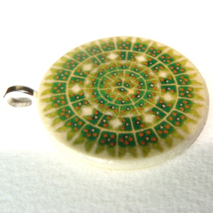 Green Cosmos, Handmade Decoupaged Pendant, FREE SHIPPING