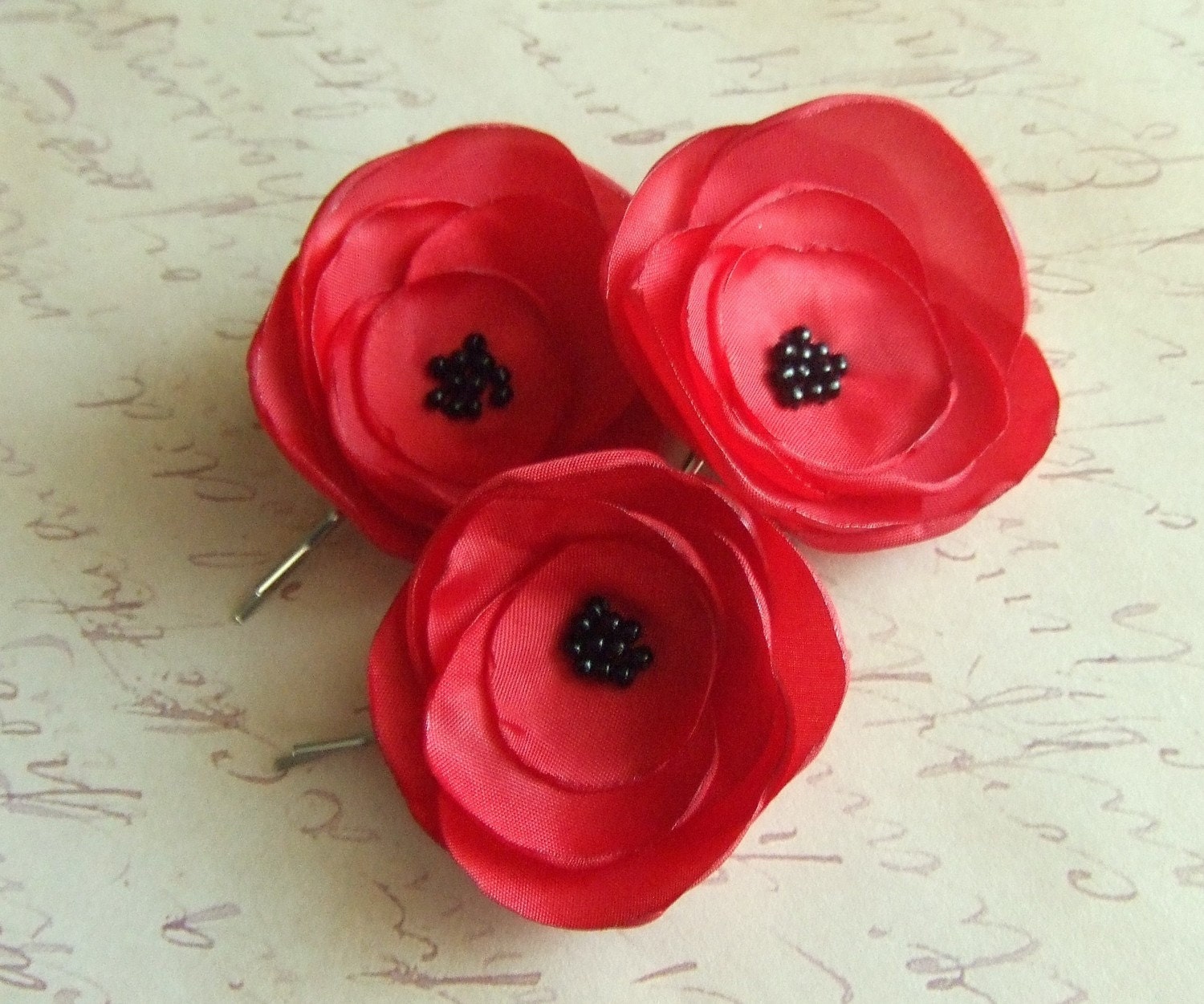 Three
 Red Flower Bobby Pins