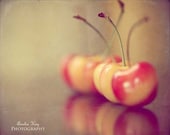 30% OFF SALE - Sweet Cherries - Fine Art Food Photography Print - ACEO (2.5x3.5) - In Stock - Rustic - Red Peach and Orange with Earth Tones