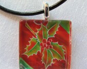 Christmas Holly- Red Green Glass Tile Pendant