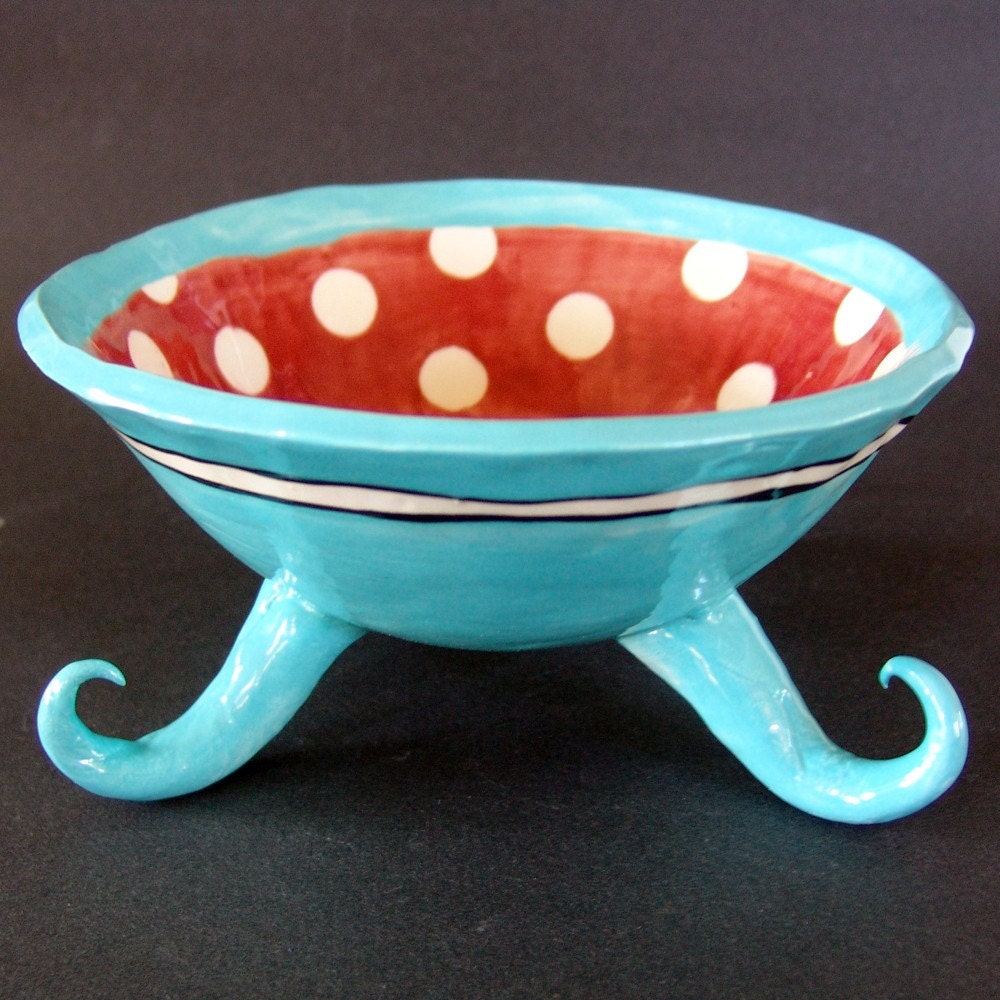 ceramic party bowl in turquoise and red with polka dots
