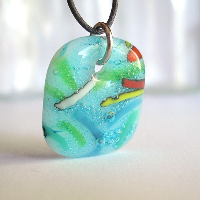 Sprinkles on Aqua Bubbles. A fused glass pendant necklace.