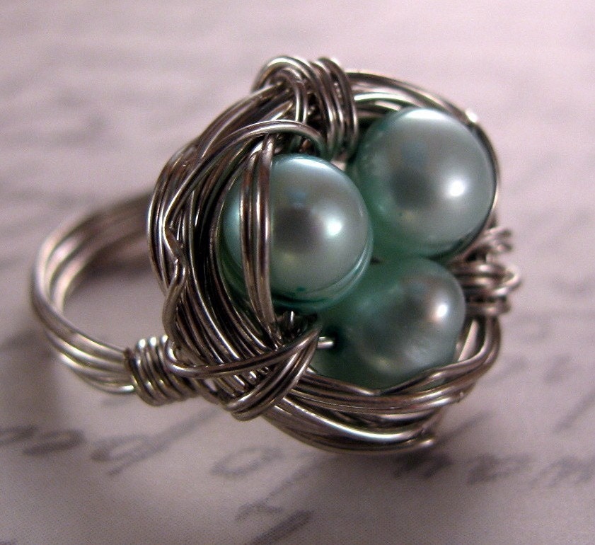 Robin's Egg Nest Ring made with CUSTOM PEARL COLOR and SIZE (nontarnish silver wire and pearls)