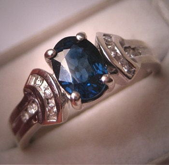 Vintage Sapphire Diamond Wedding Ring Retro Deco Inspired White Gold