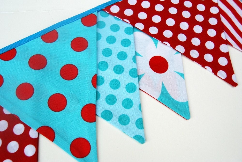 Birthday Banner / Playroom Bunting -- in red, turquoise blue, white
 fabric -- for girl