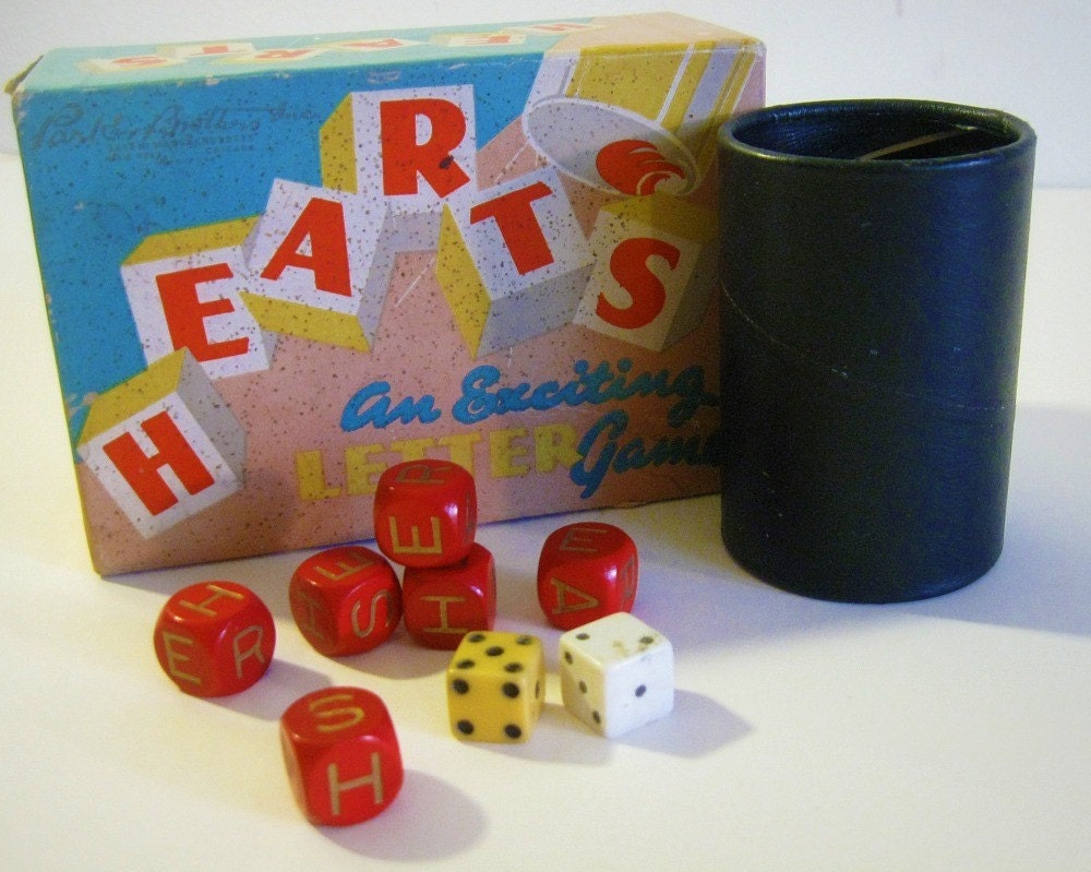 vintage game HEARTS letter dice game