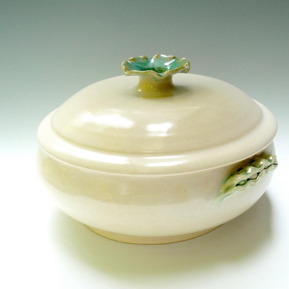 White 2 quart casserole with Pea Pod Handles handmade stoneware pottery