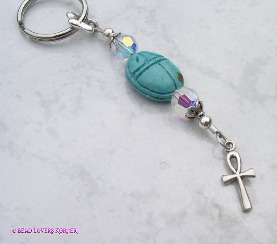 Turquoise Egyptian Style Scarab Key Chain with Ankh