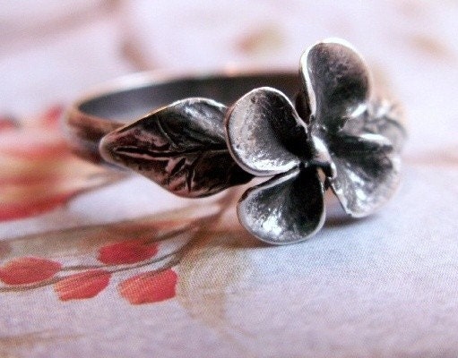 Blossom - Hand Sculpted Flower and Leaf Ring in Sterling Silver