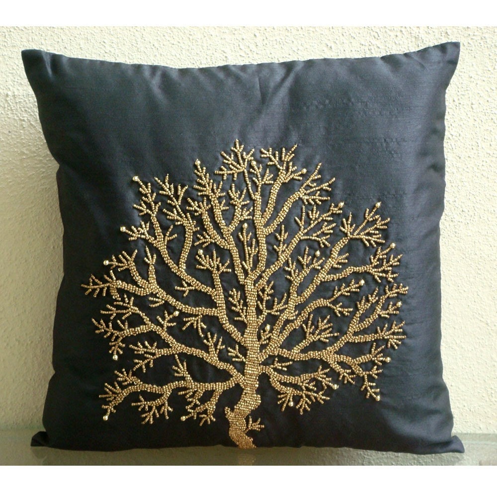 Celebrated Tree - Throw Pillow Covers - 16x16 Inches Silk Pillow Cover with Bead Embroidery