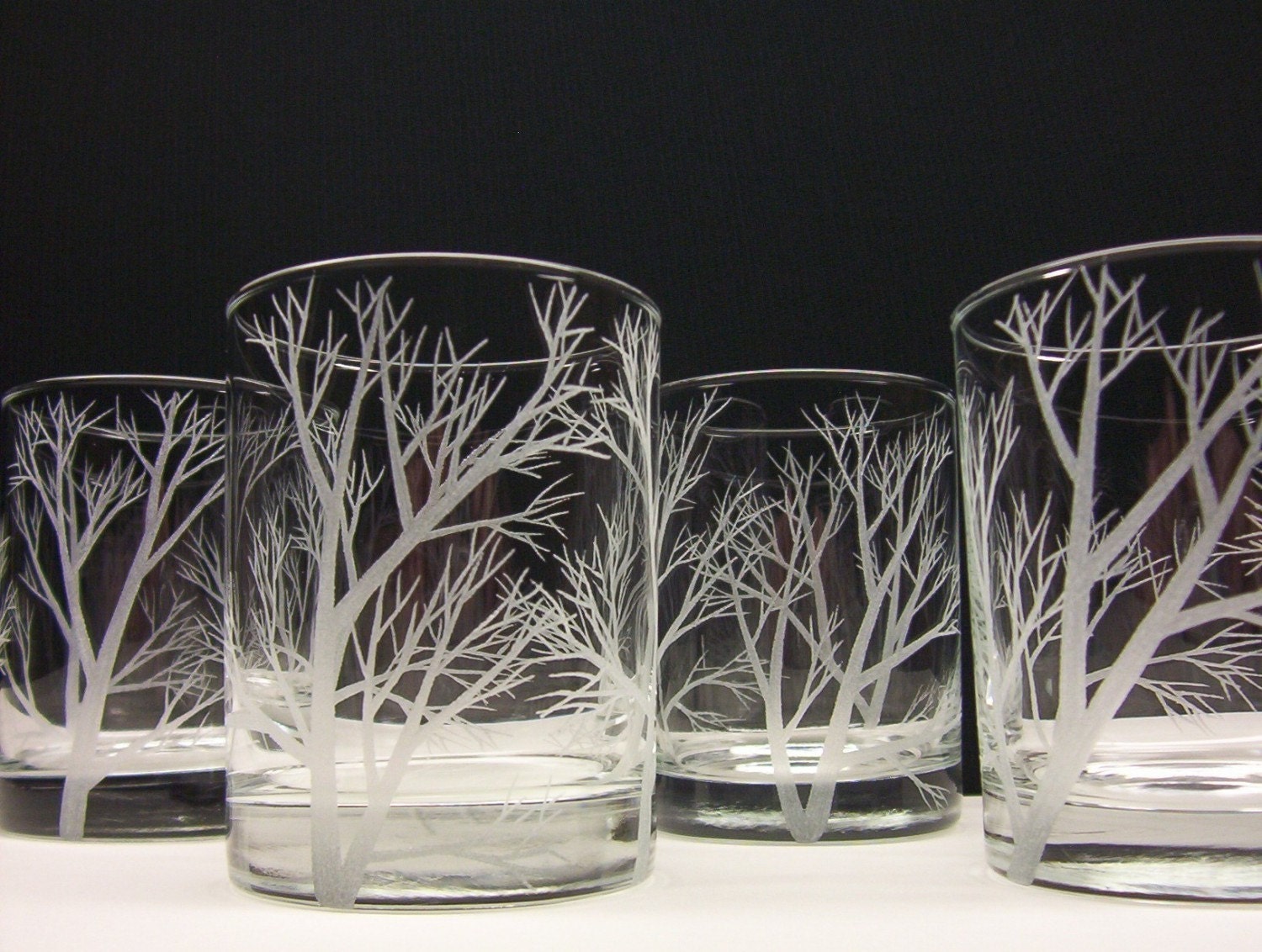 4 Drinking Glasses, Double Old Fashioned  . Hand Engraved 'Reaching Branches' . Featured On The Front Page