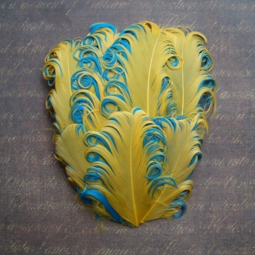 1 Gold on Aqua Curled Goose Feather Pad