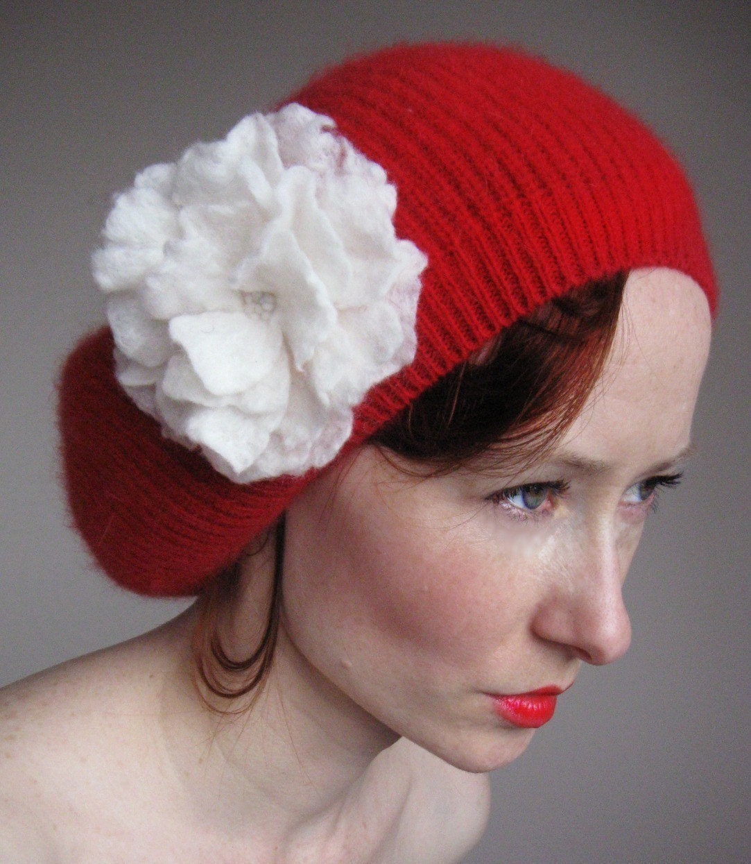 Red Angora Beret With White Rose Hand Felted From Wool
