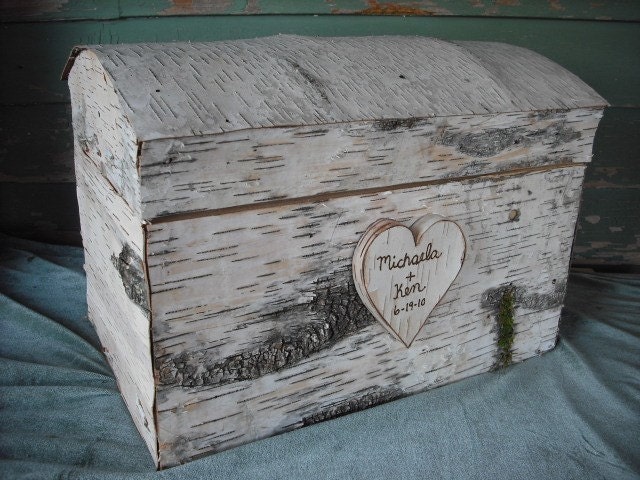 Handmade Birch Bark Treasure Chest card box, for a rustic, nature, fairytail, woodland, outdoor weddings.