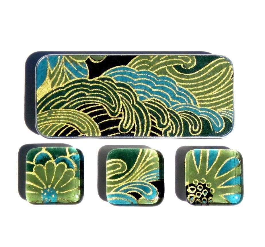 Atlantis. A Trio of GamiGlass Tile Magnets in a Slide Top Tin Box  with Japanese Chiyogami