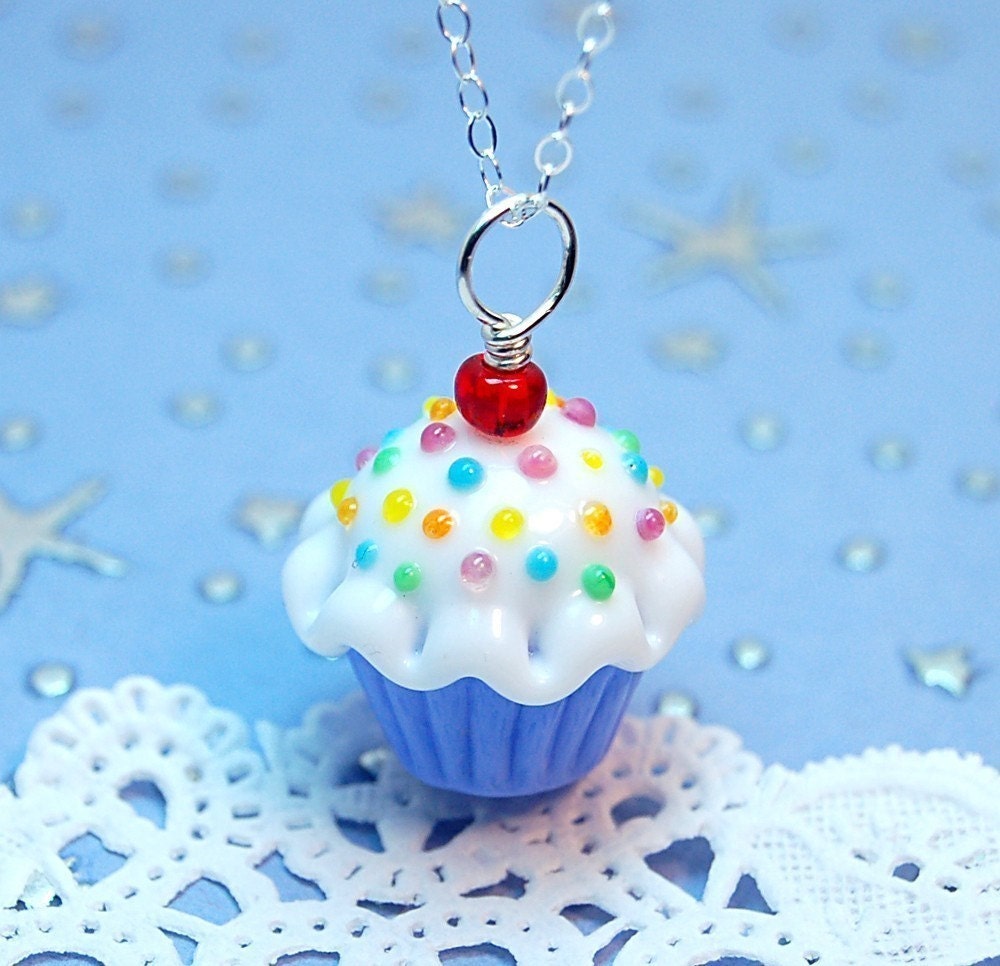 Blue and White Sprinkle Lampwork Cupcake Pendant