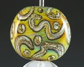 Tabular Yellow and Green Lampwork Glass Bead with Silvered Ivory Stringer
